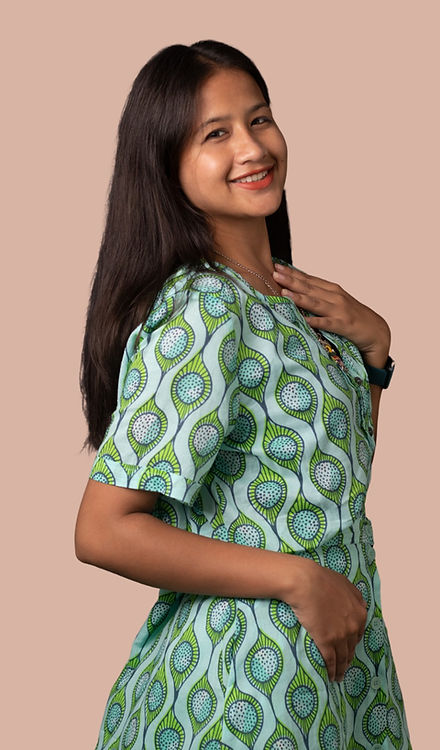 girl in green dress left view