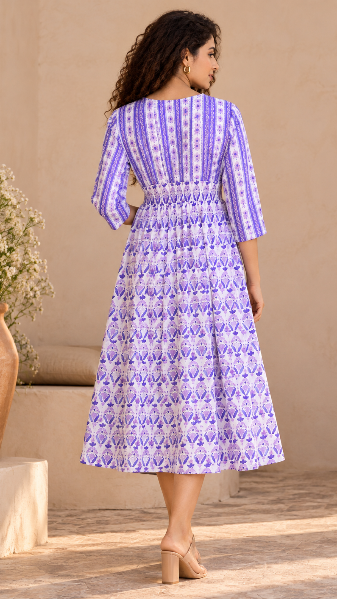 White Purple Damask Block Print Midi Dress