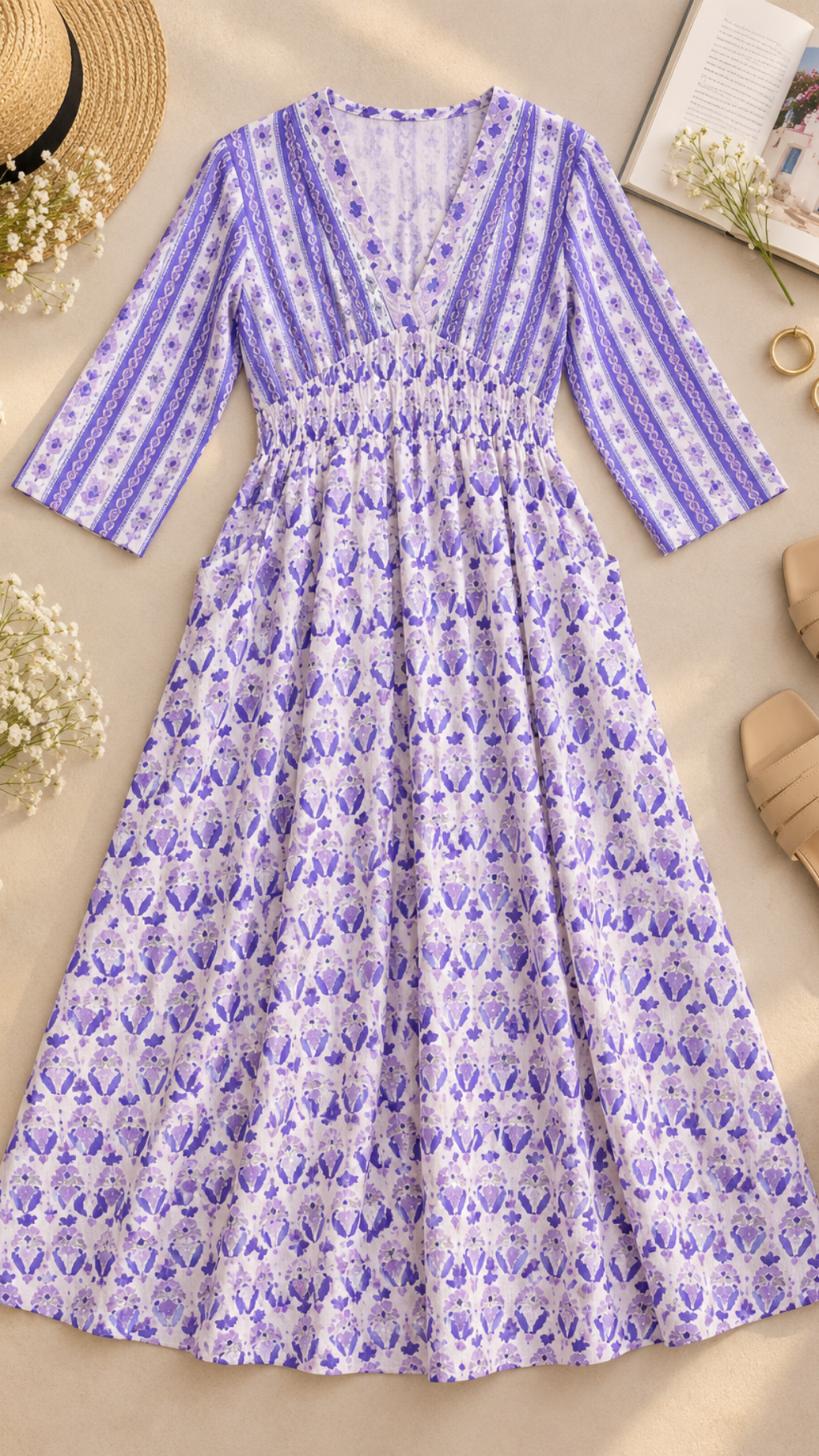 White Purple Damask Block Print Midi Dress