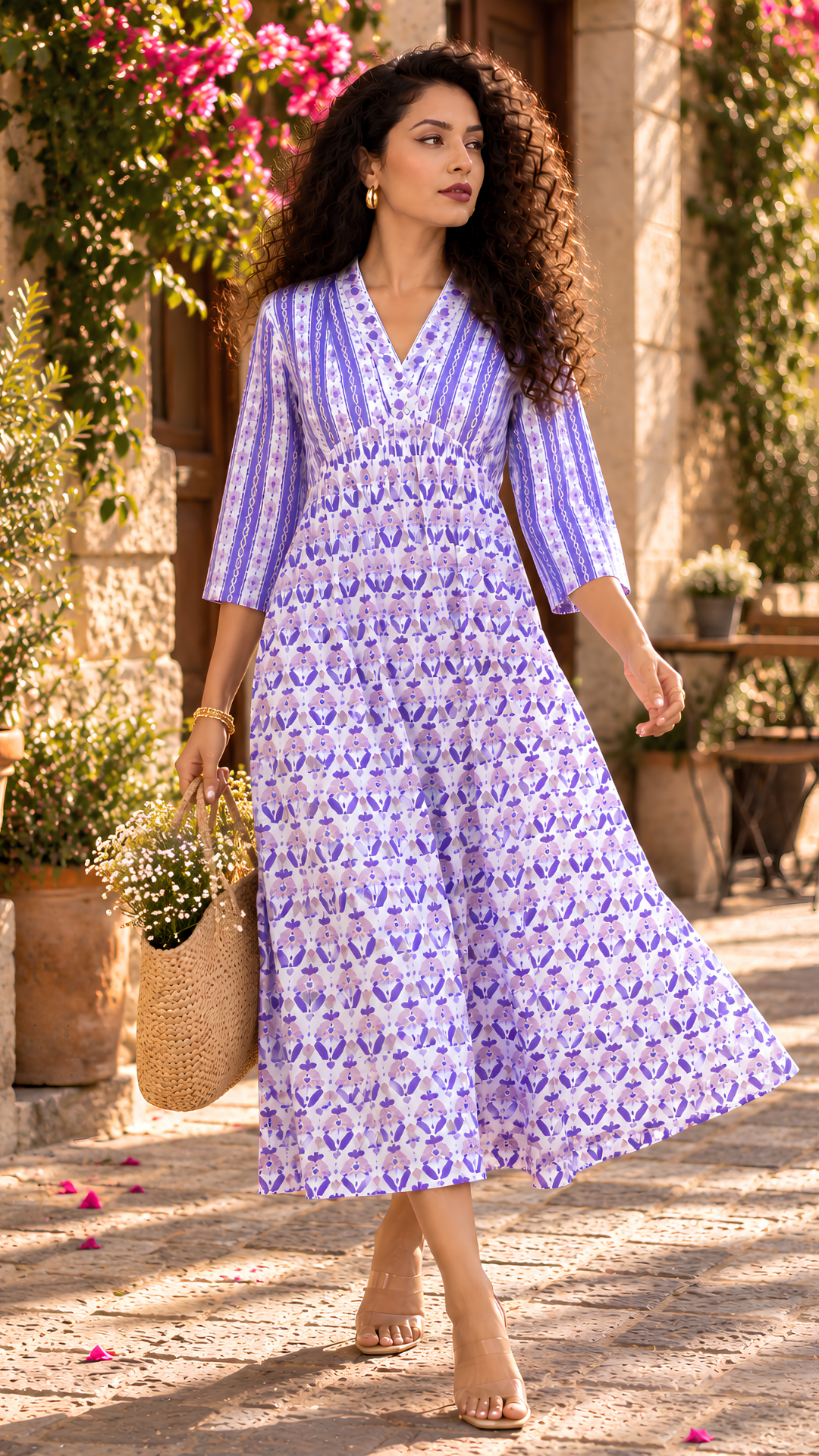 White Purple Damask Block Print Midi Dress