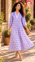 White Purple Damask Block Print Midi Dress