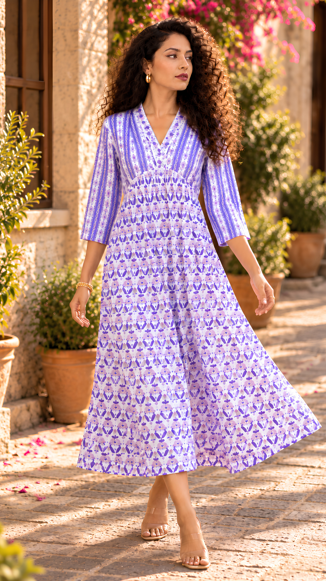 White Purple Damask Block Print Midi Dress