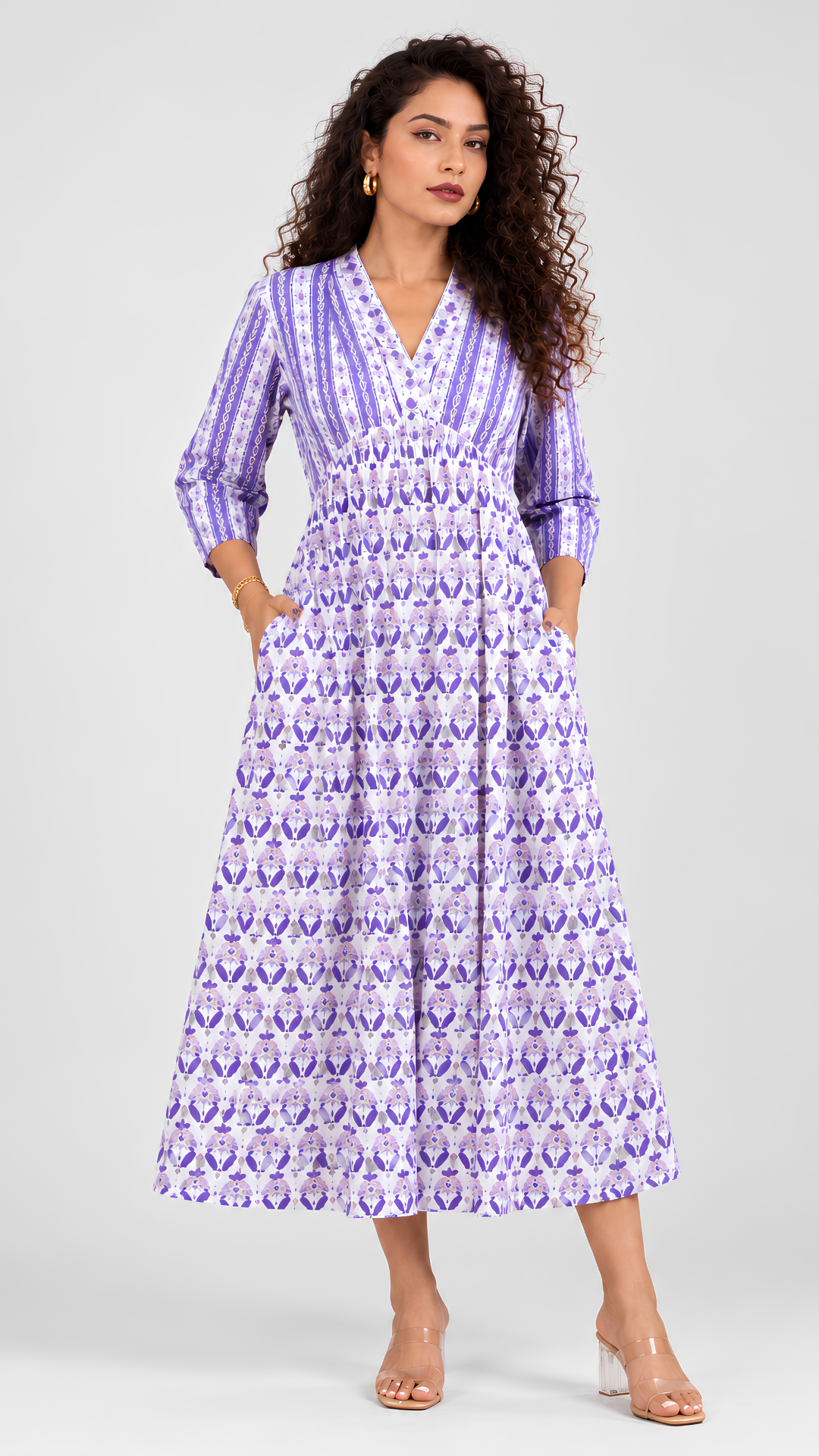 White Purple Damask Block Print Midi Dress