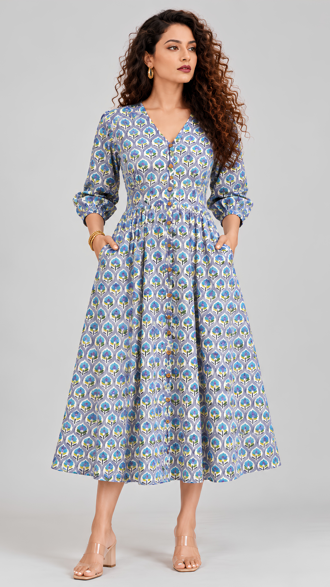 Green Yellow Vector Flower Midi Dress