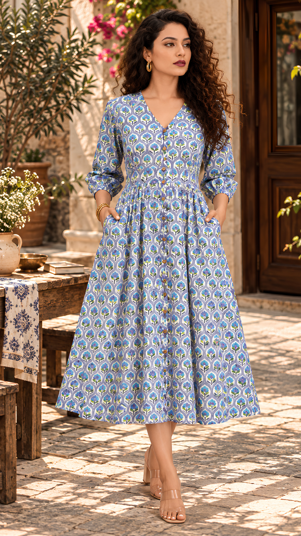 Green Yellow Vector Flower Midi Dress