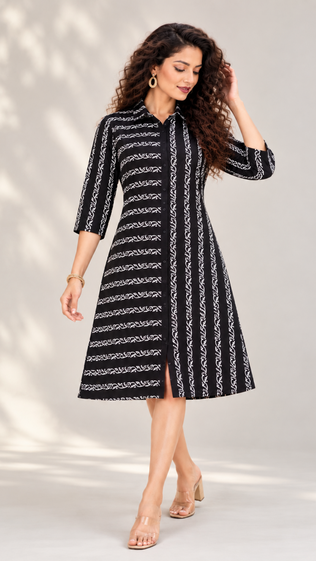 White Vine Block Print Midi Dress