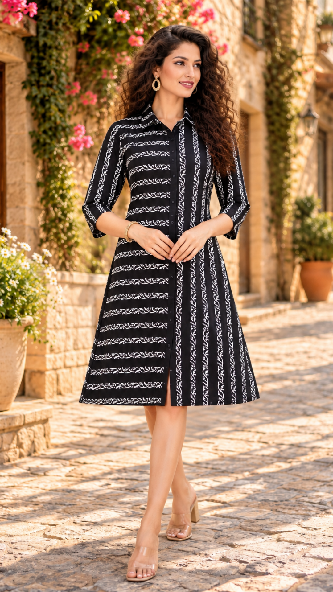 White Vine Block Print Midi Dress