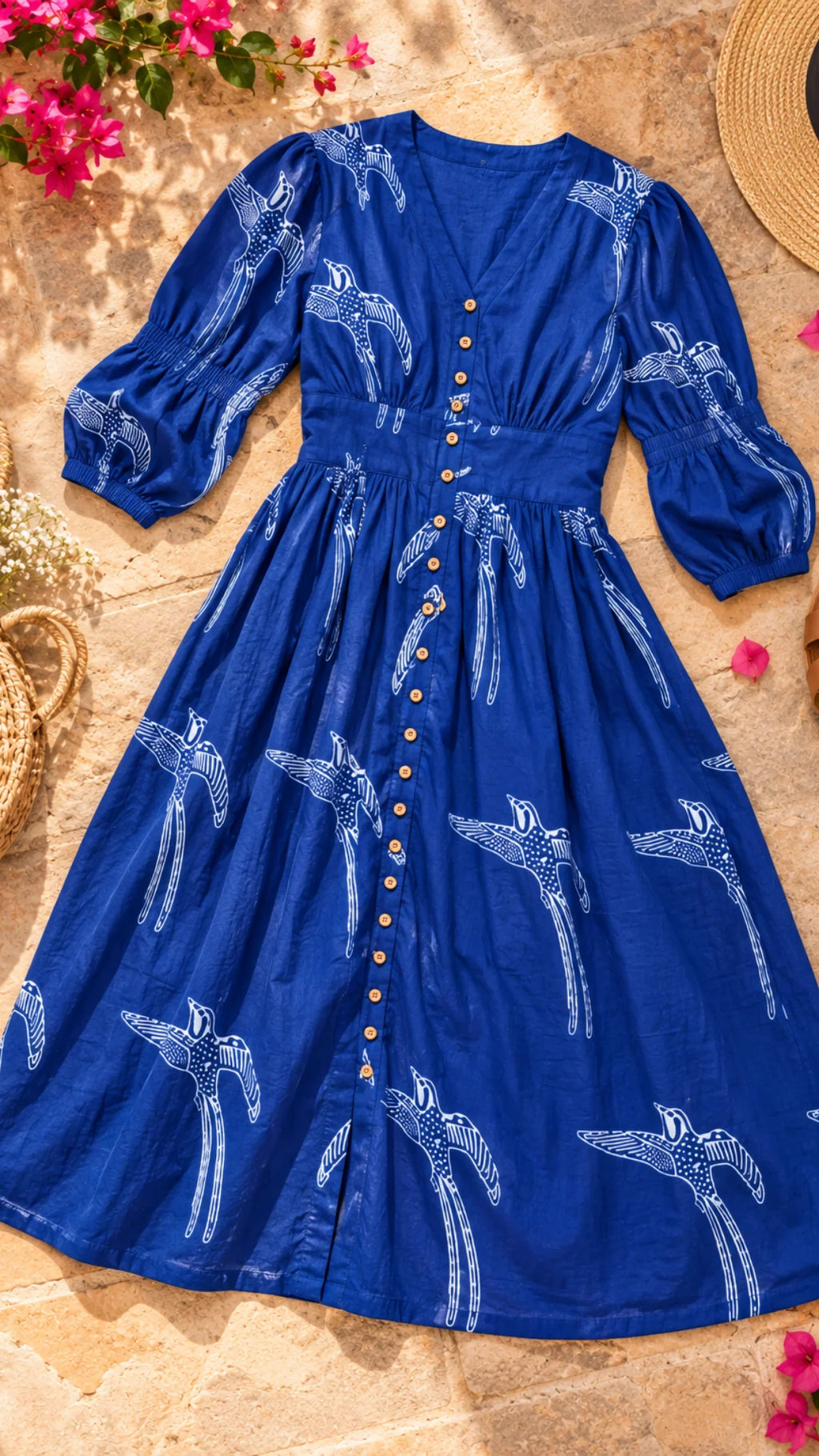 Indigo Bird Block Print Midi Dress