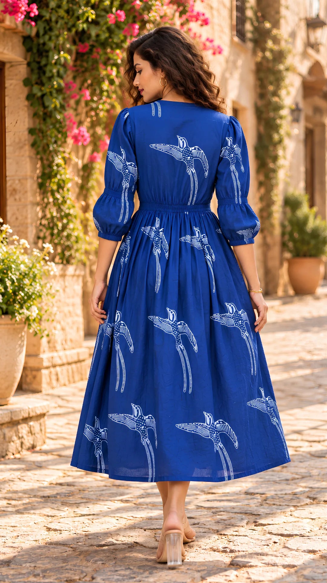 Indigo Bird Block Print Midi Dress