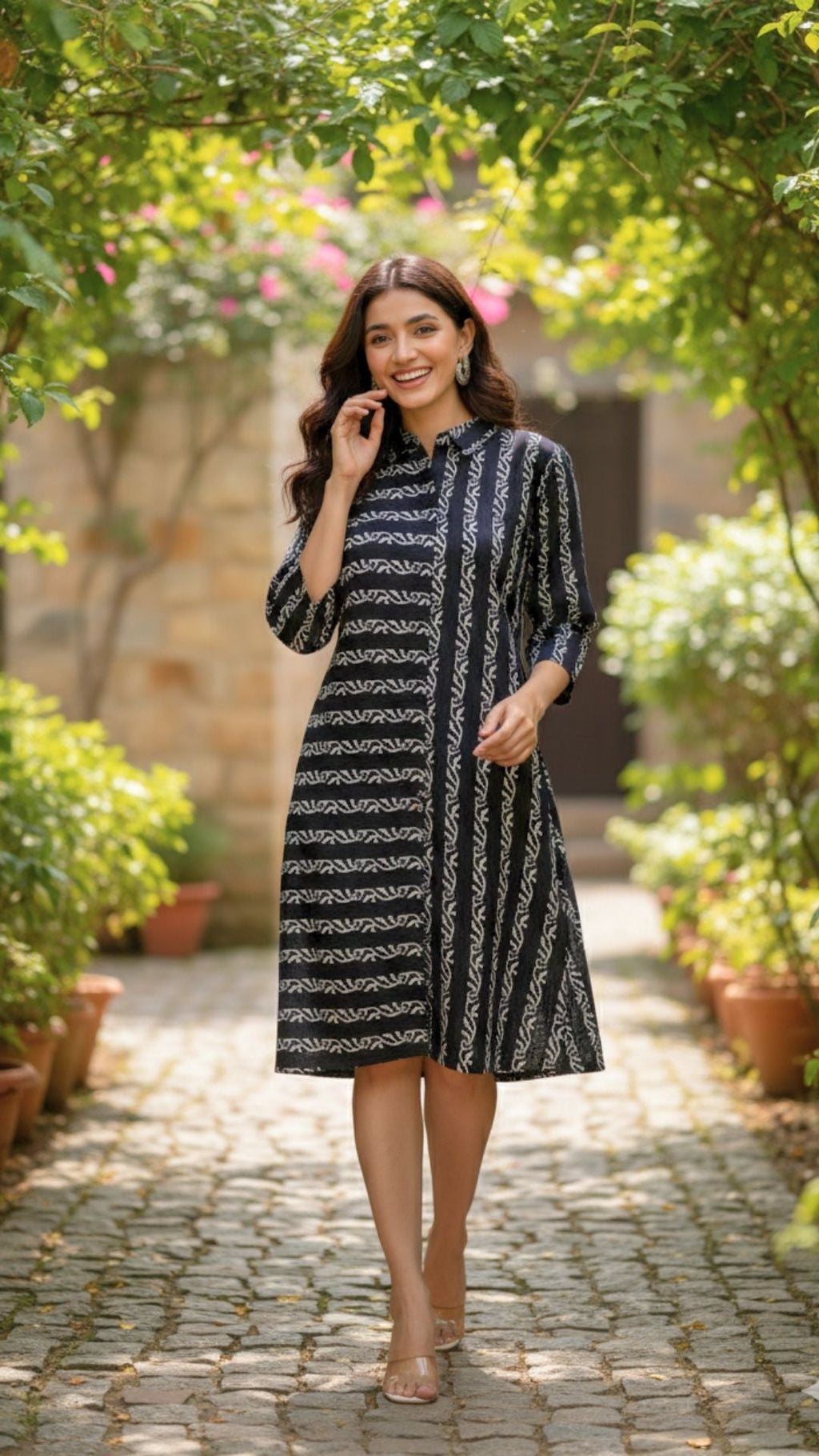 White Vine Block Print Midi Dress