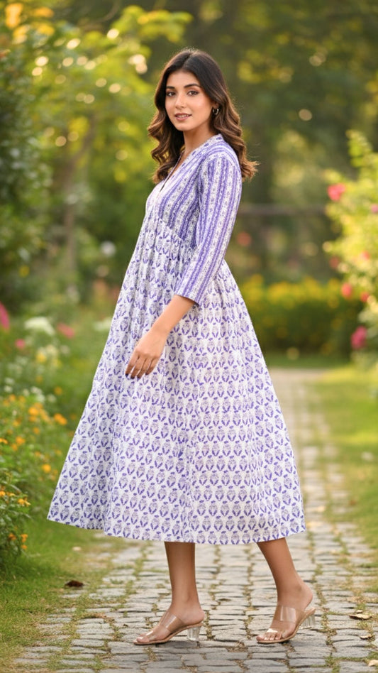 White Purple Damask Block Print Midi Dress