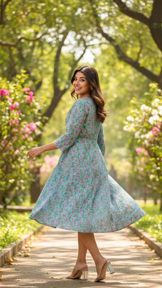 Blue Ditzy Floral Pattern Midi Dress