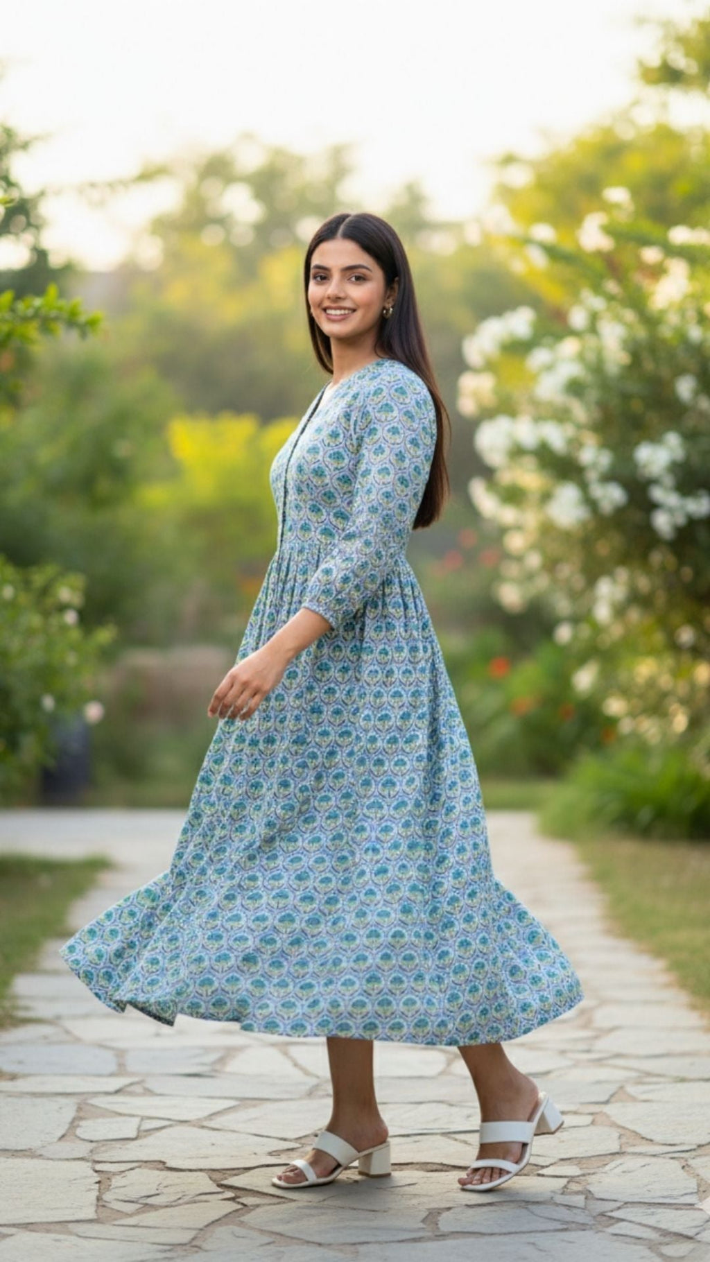 Green Yellow Vector Flower Midi Dress