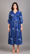 Indigo Bird Block Print Midi Dress