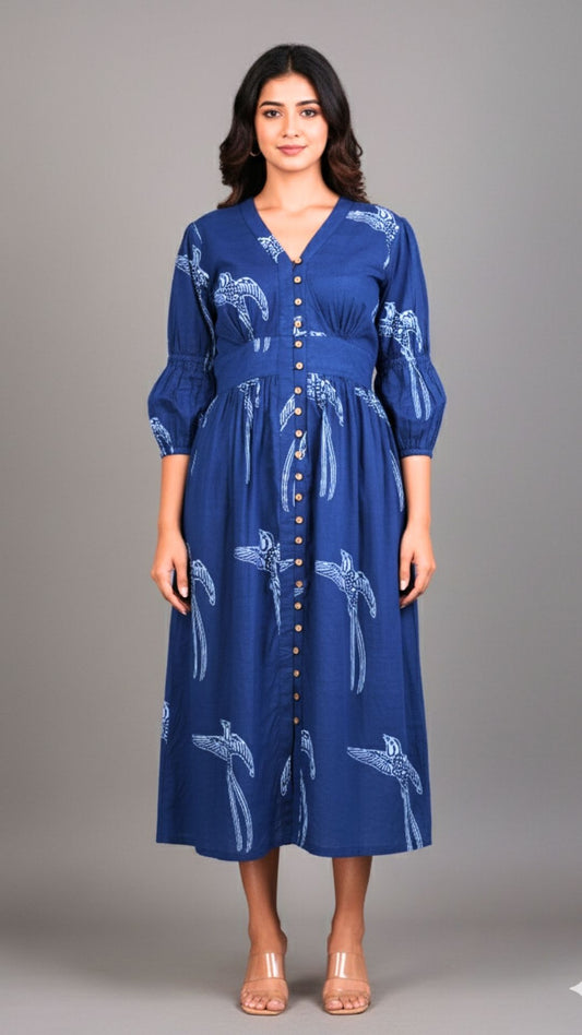 Indigo Bird Block Print Midi Dress