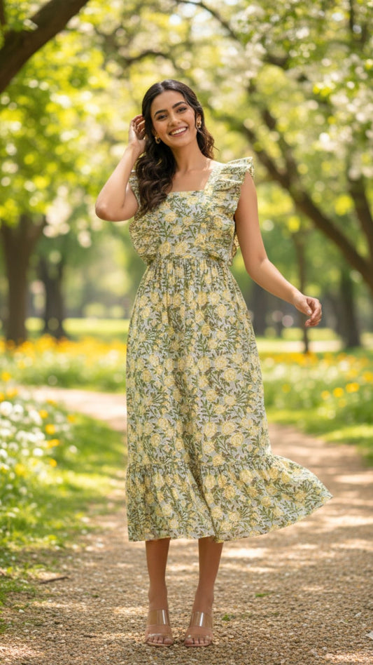 Yellow Floral Abstract Midi Dress