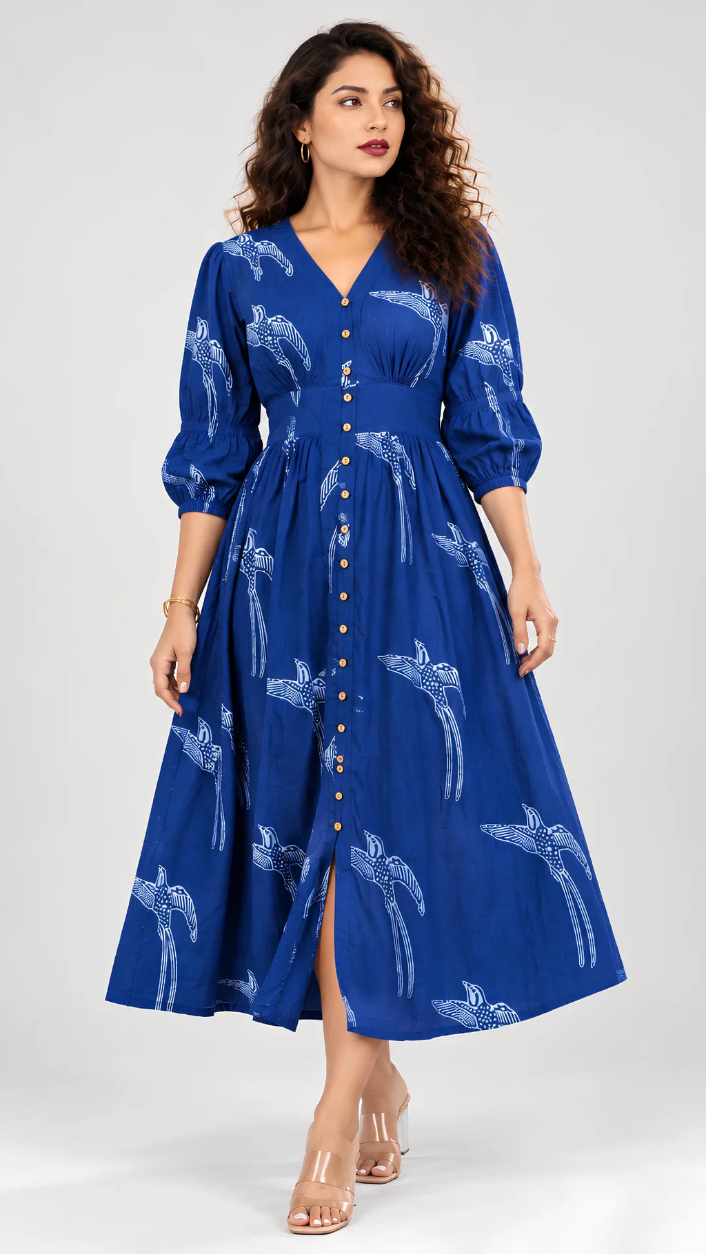 Indigo Bird Block Print Midi Dress