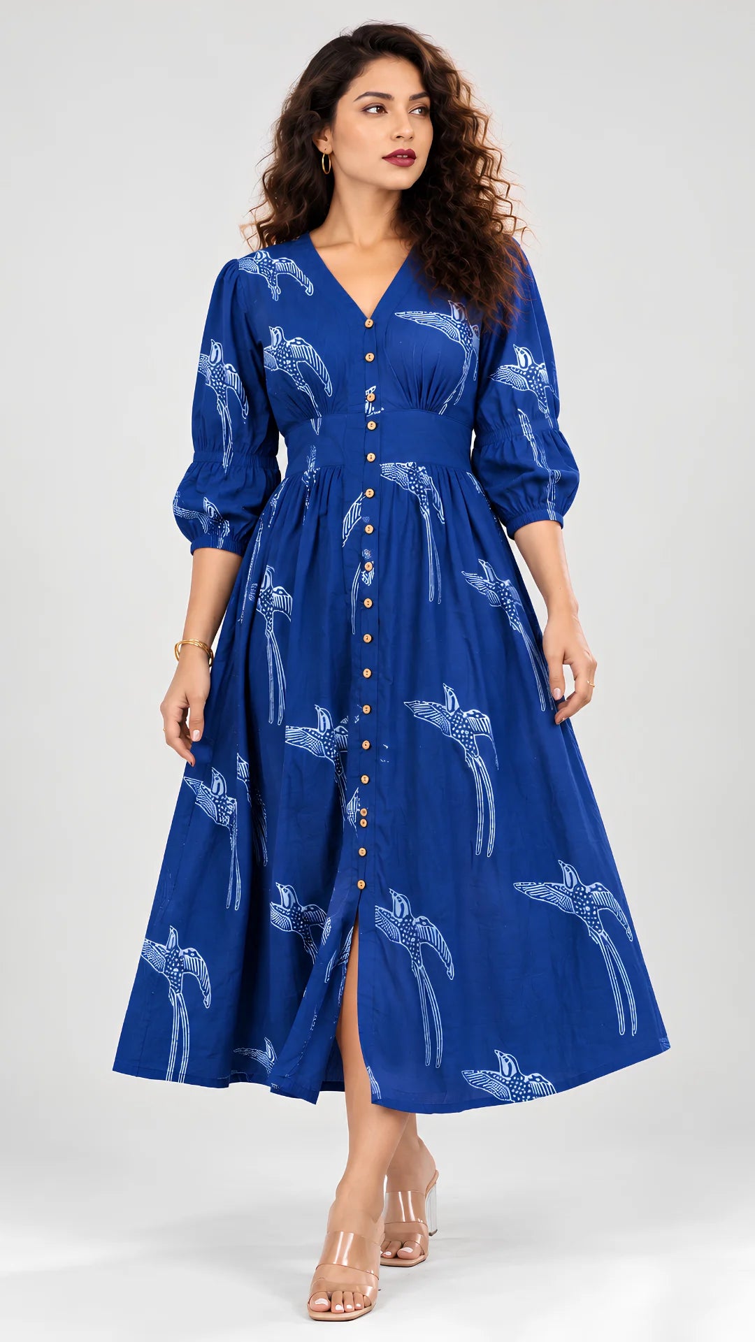 Indigo Bird Block Print Midi Dress