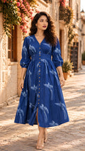 Indigo Bird Block Print Midi Dress