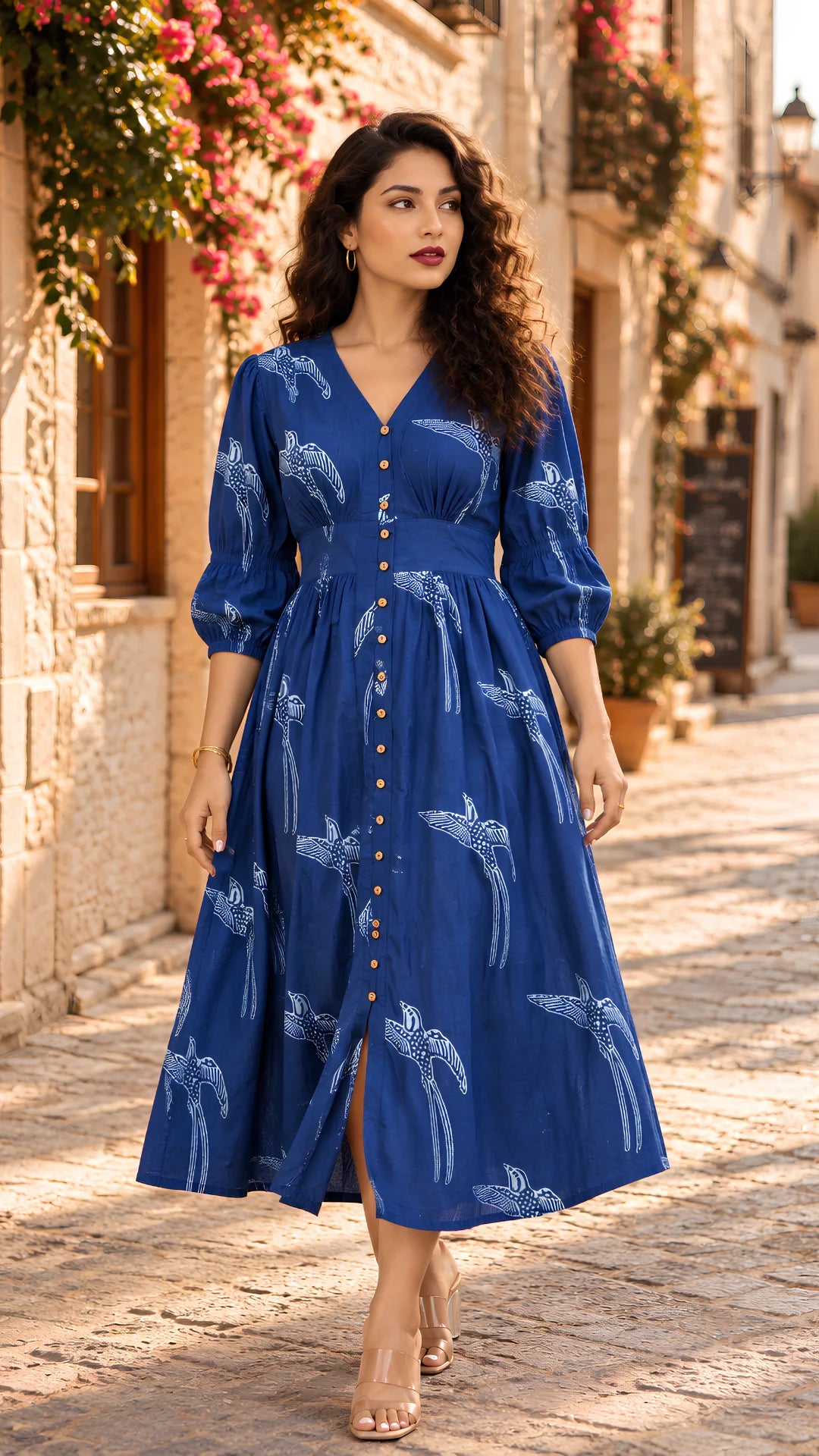Indigo Bird Block Print Midi Dress