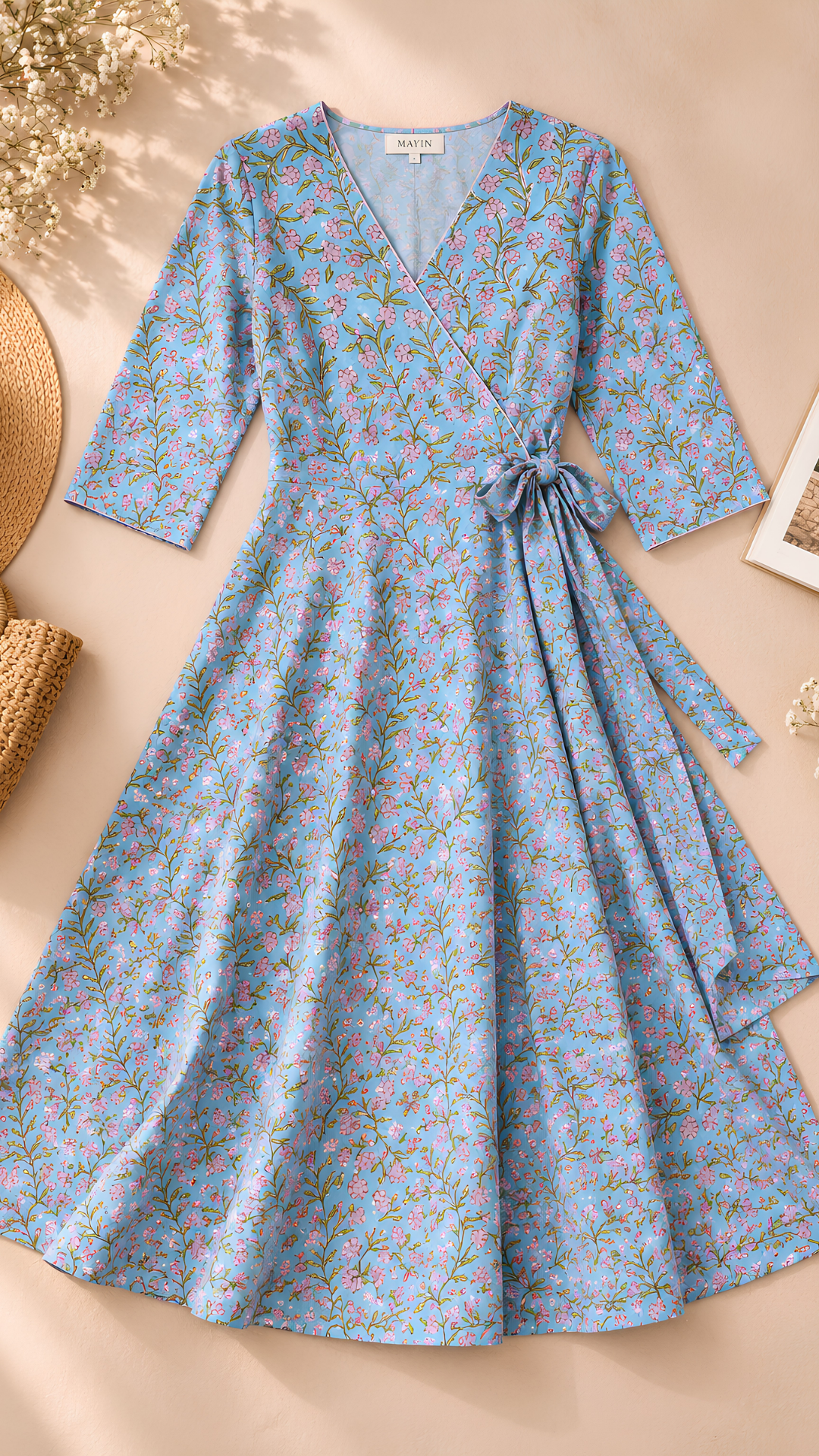 Blue Ditzy Floral Pattern Midi Dress