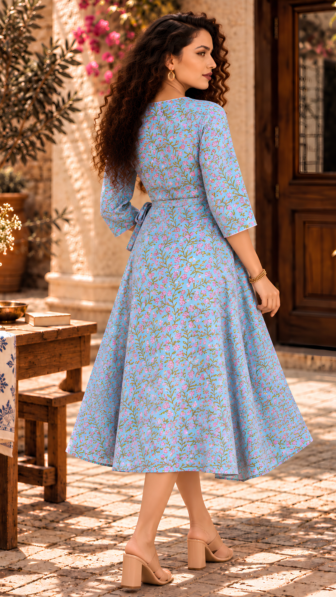 Blue Ditzy Floral Pattern Midi Dress