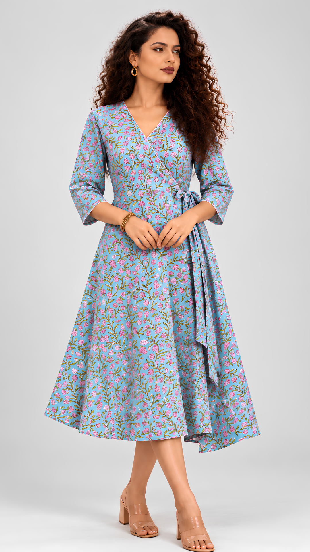 Blue Ditzy Floral Pattern Midi Dress