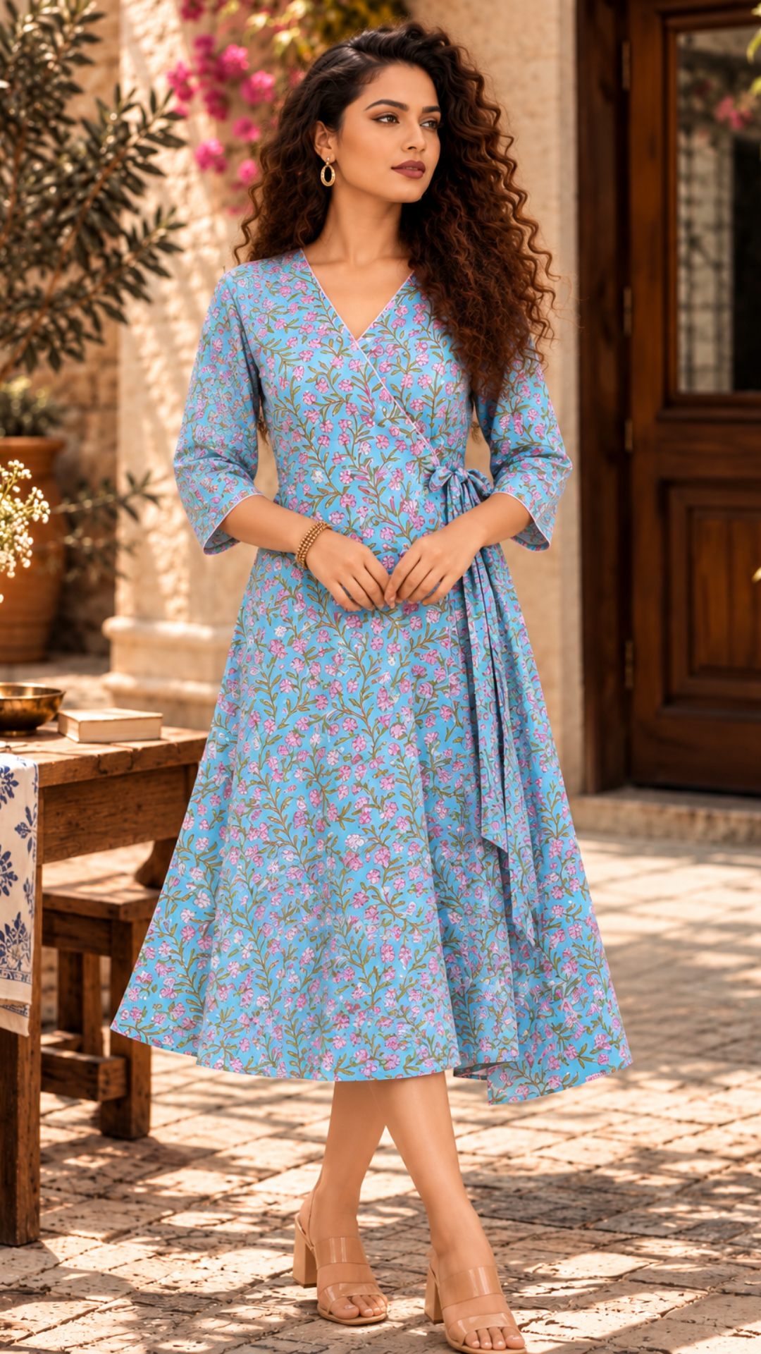 Blue Ditzy Floral Pattern Midi Dress