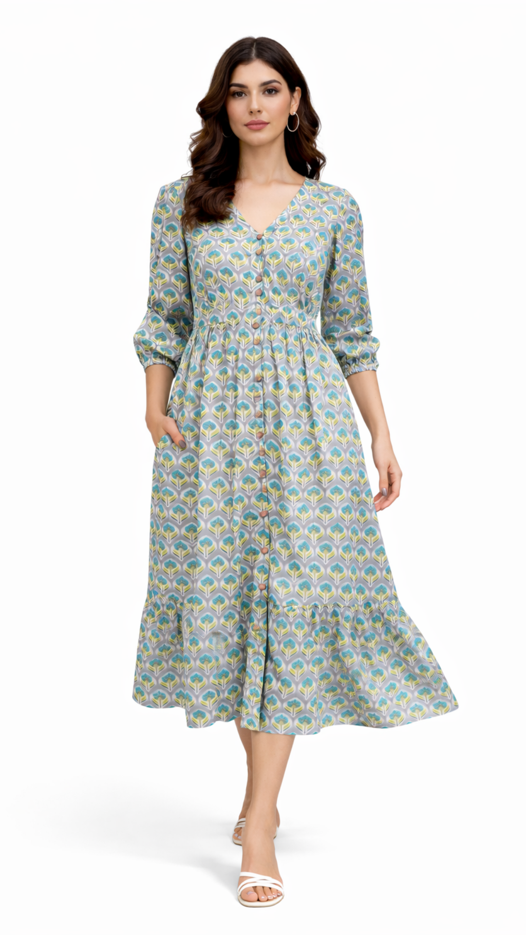 Green Yellow Vector Flower Midi Dress