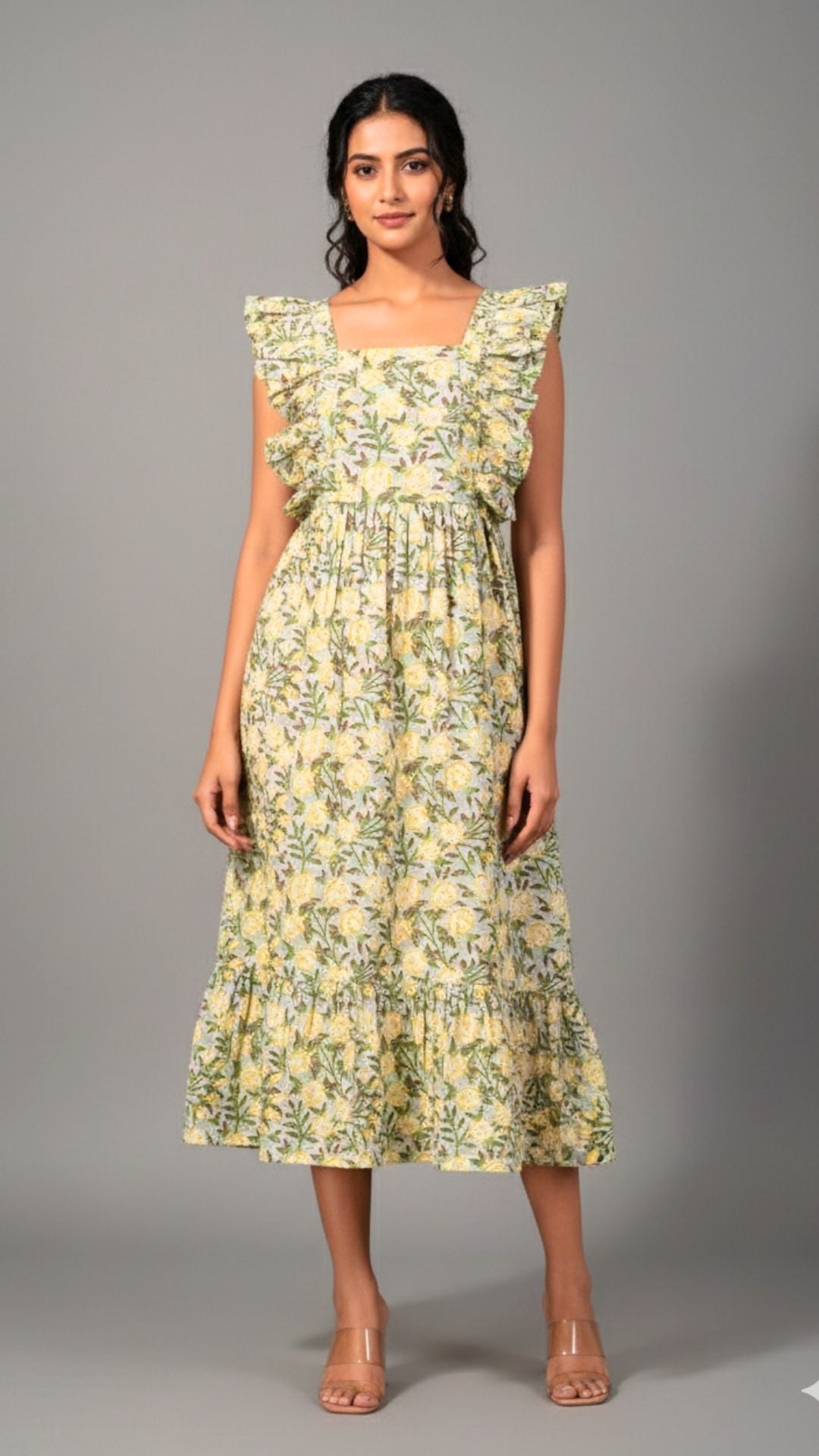 Yellow Floral Abstract Midi Dress