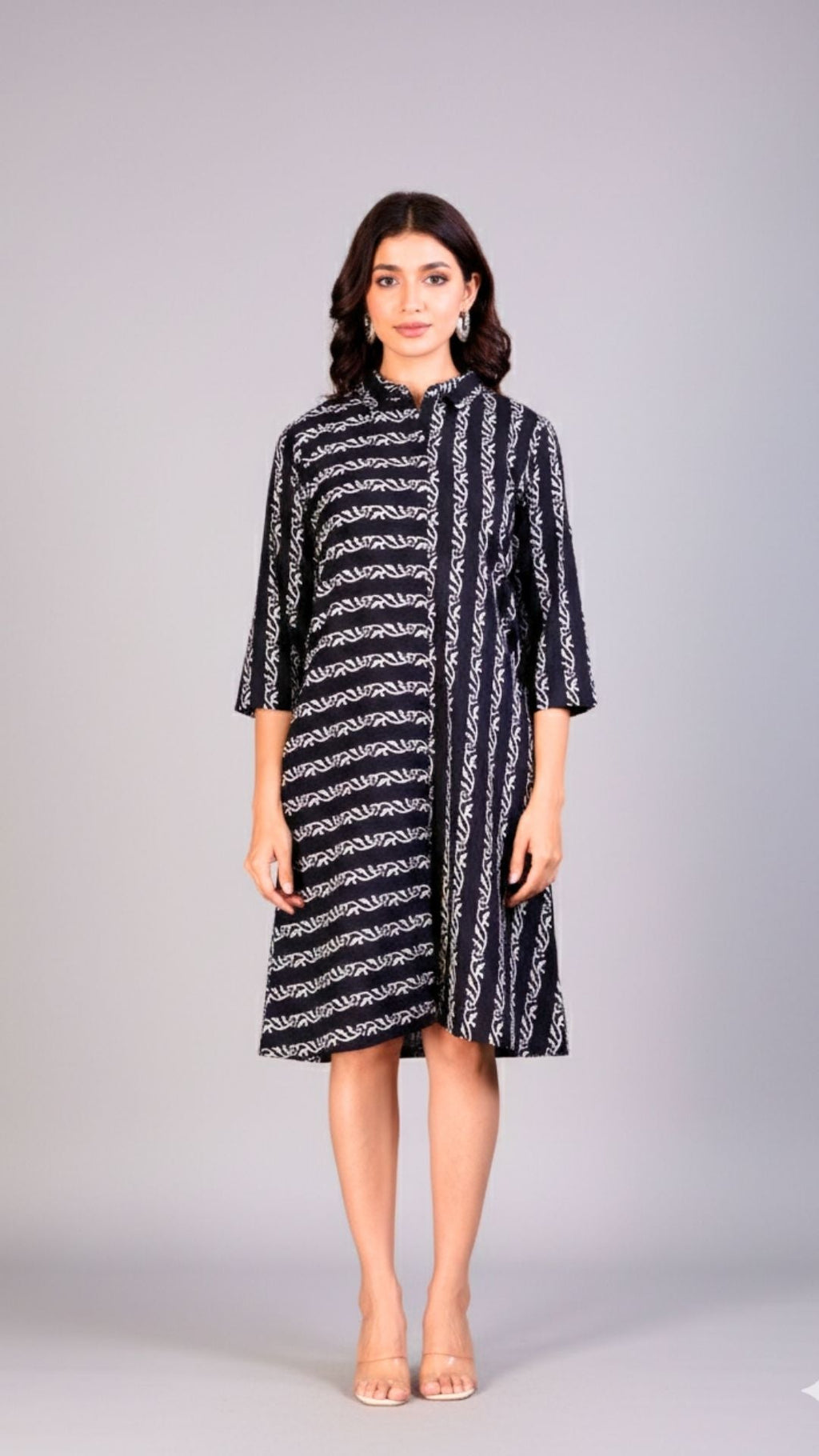 White Vine Block Print Midi Dress