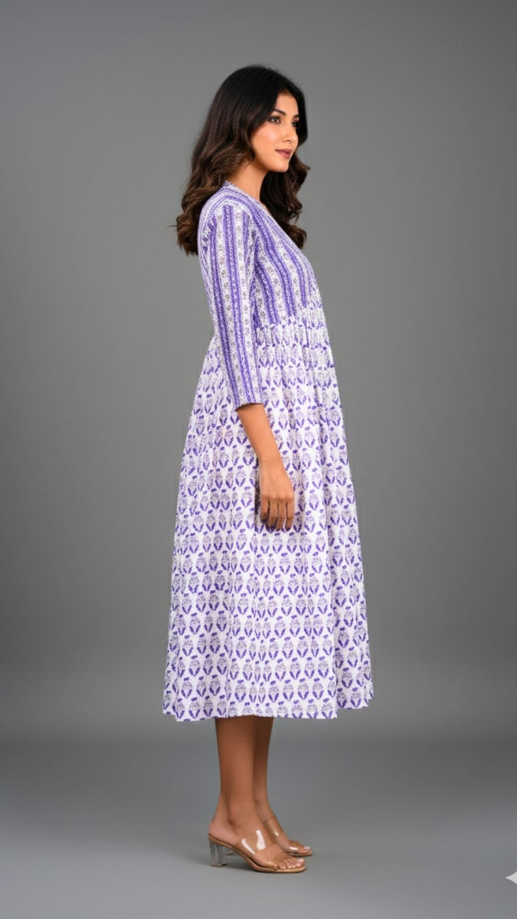 White Purple Damask Block Print Midi Dress