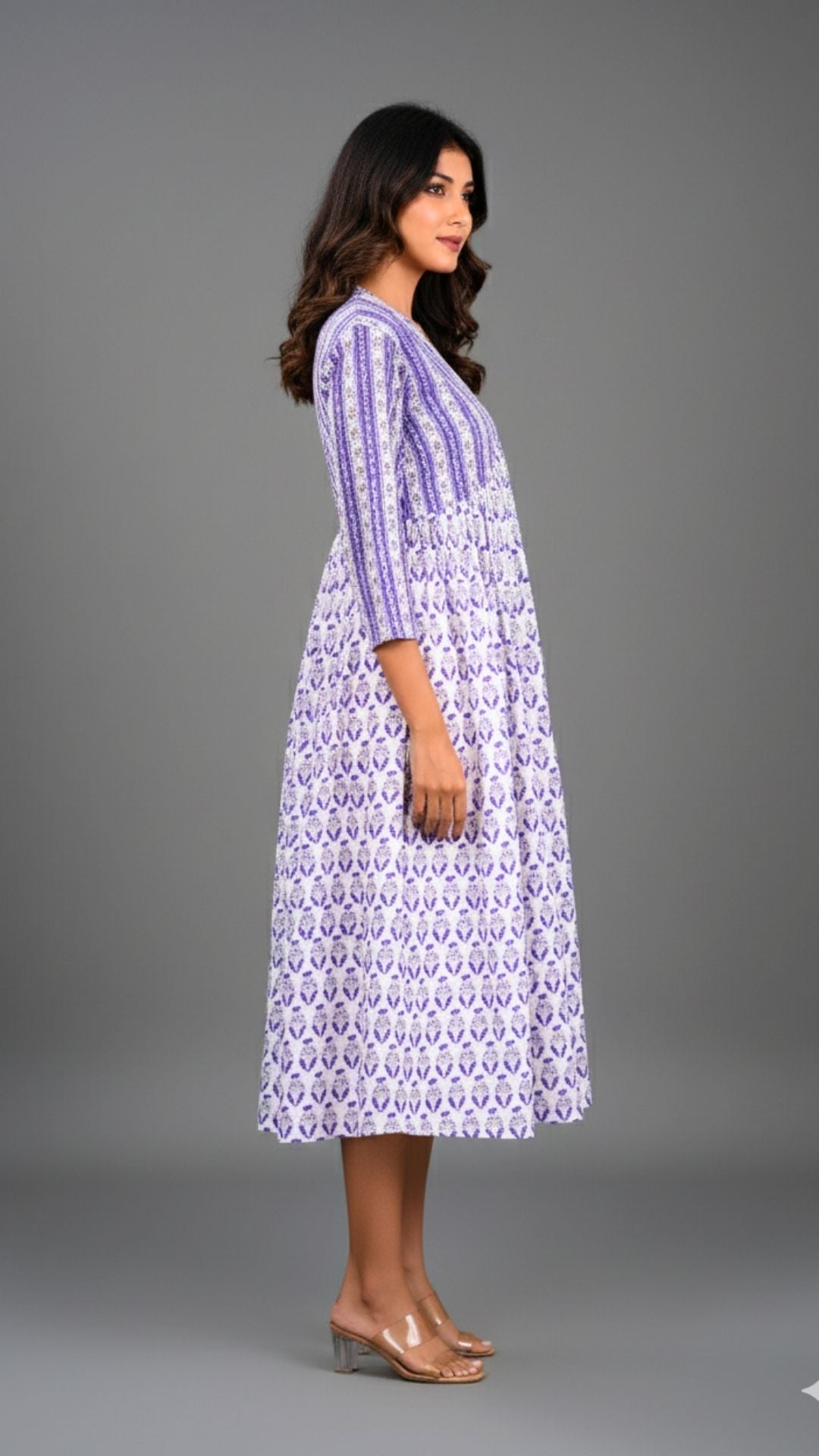 White Purple Damask Block Print Midi Dress
