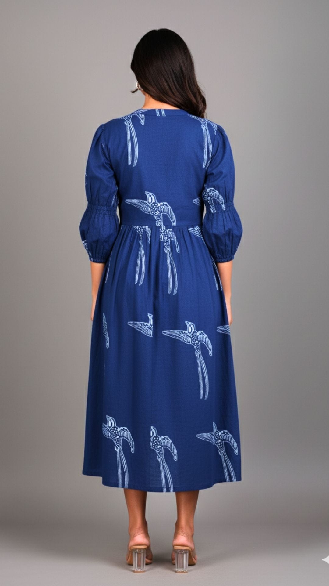 Indigo Bird Block Print Midi Dress