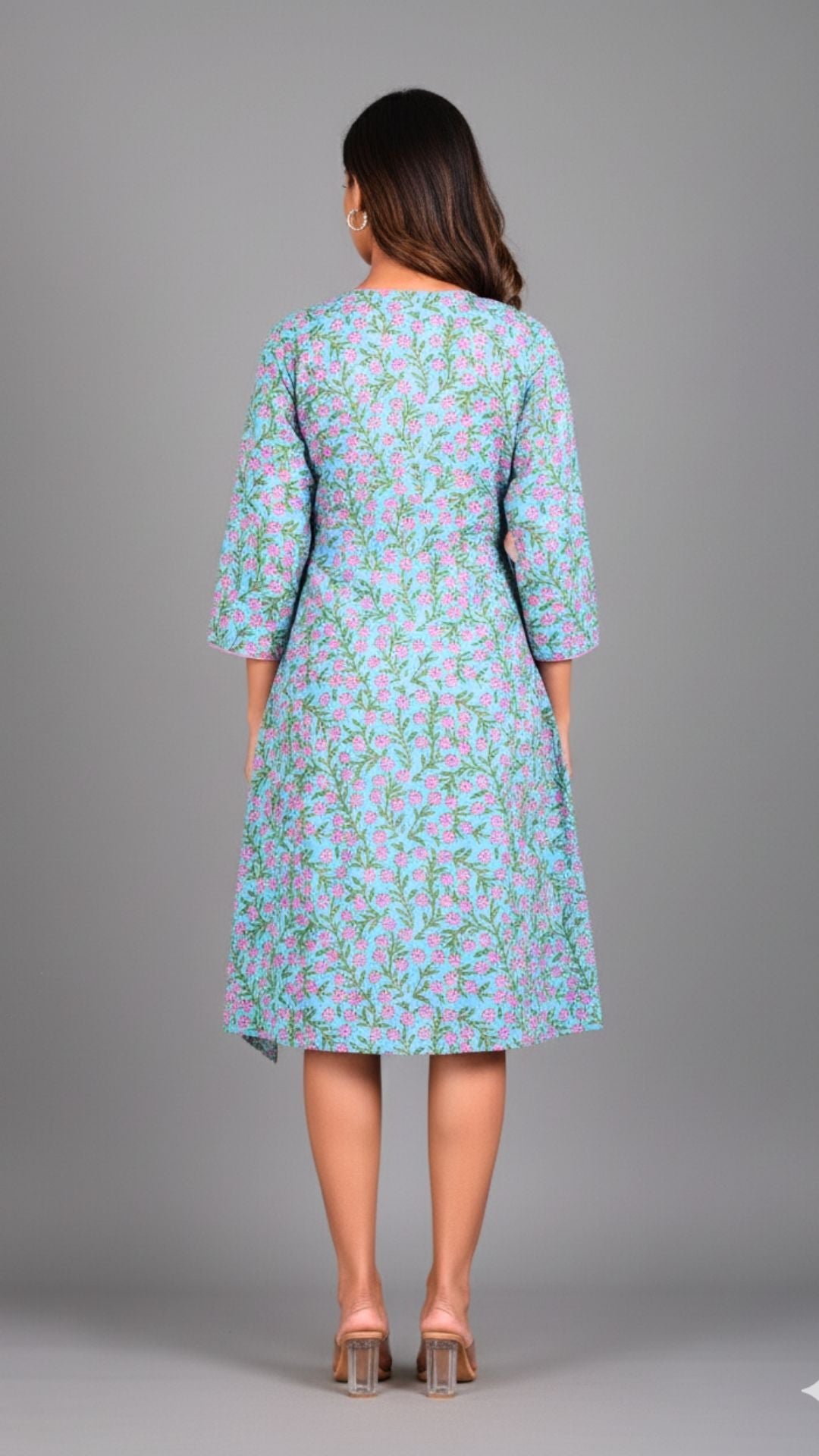 Blue Ditzy Floral Pattern Midi Dress