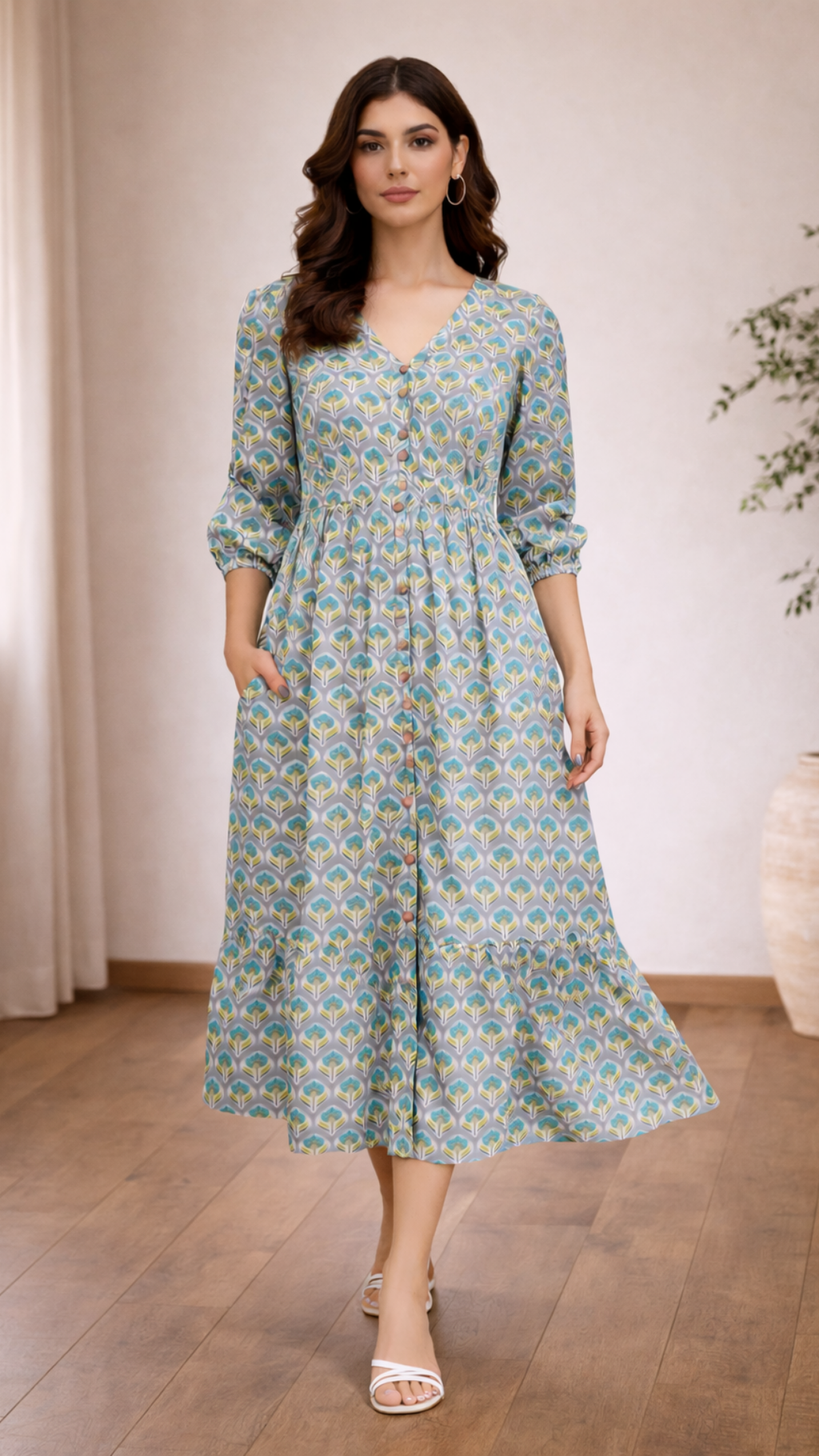 Green Yellow Vector Flower Midi Dress