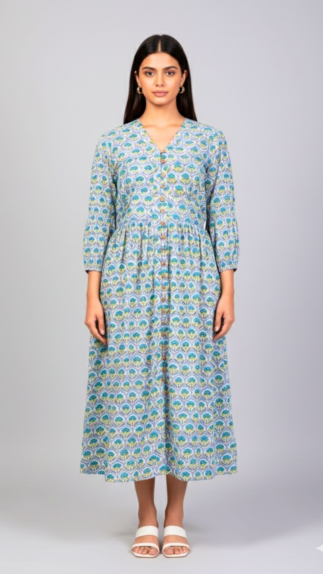 Green Yellow Vector Flower Midi Dress