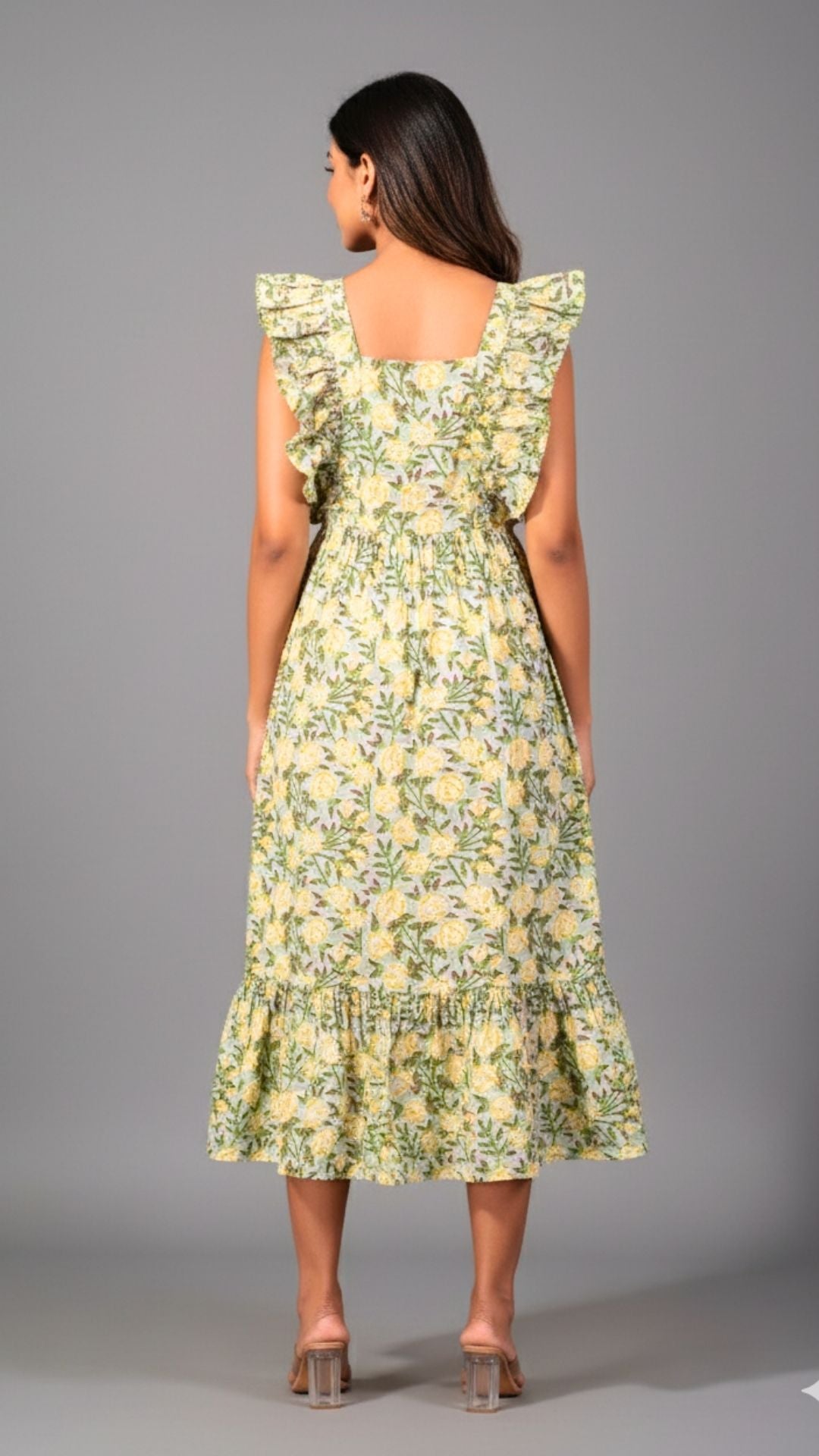Yellow Floral Abstract Midi Dress