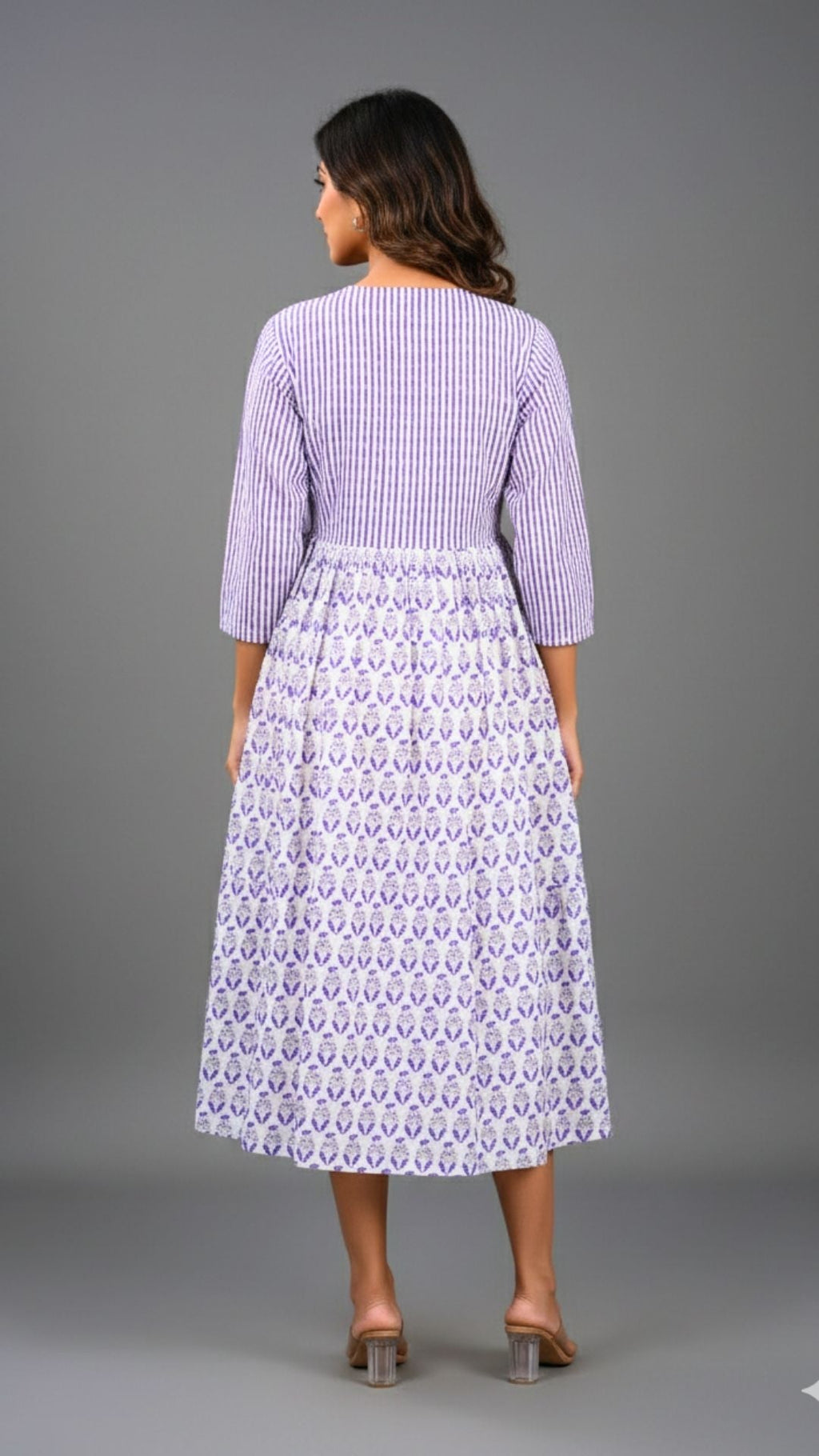 White Purple Damask Block Print Midi Dress