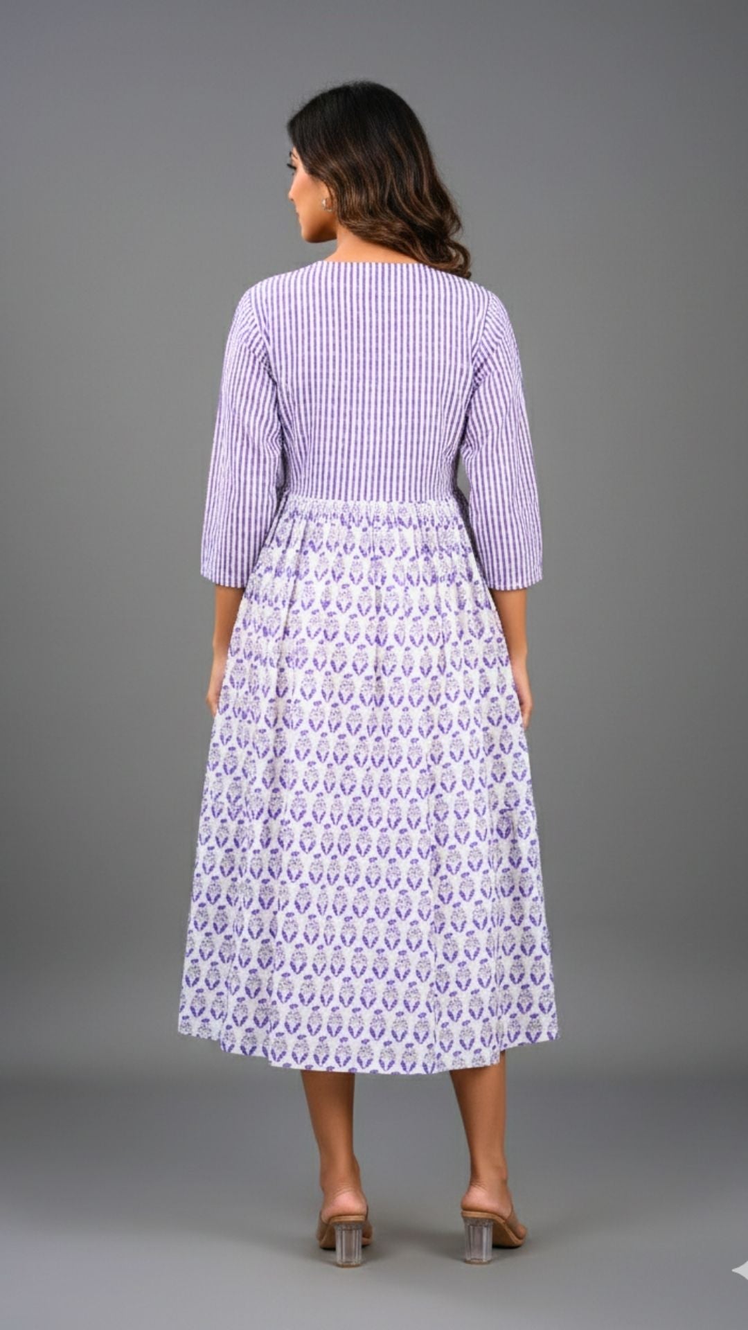 White Purple Damask Block Print Midi Dress
