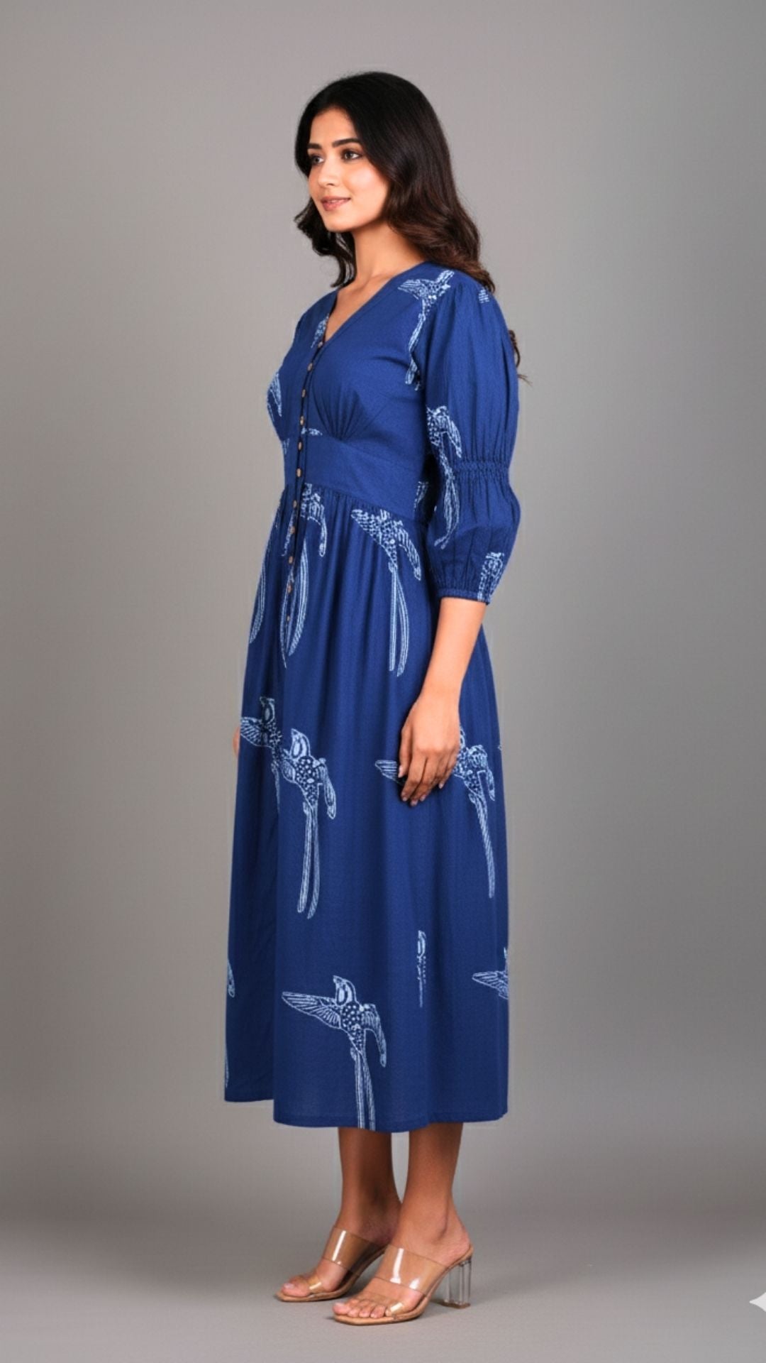 Indigo Bird Block Print Midi Dress