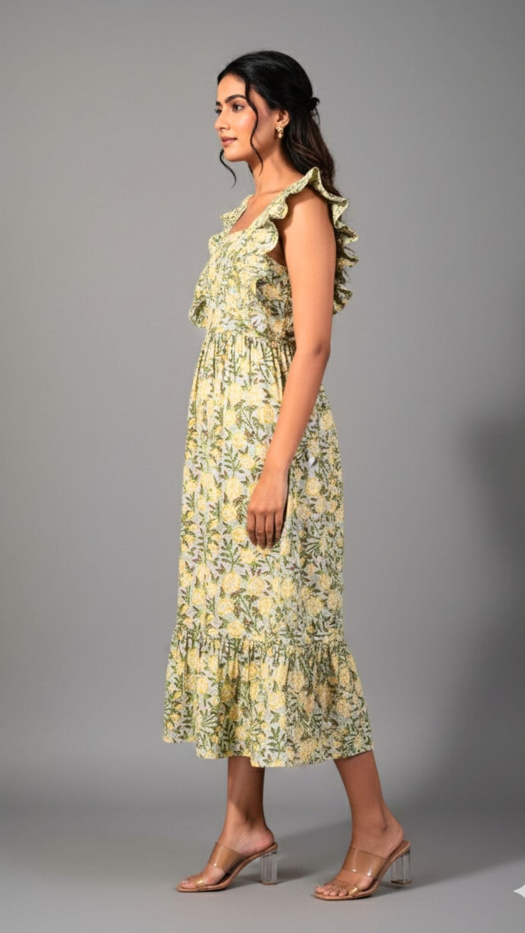 Yellow Floral Abstract Midi Dress