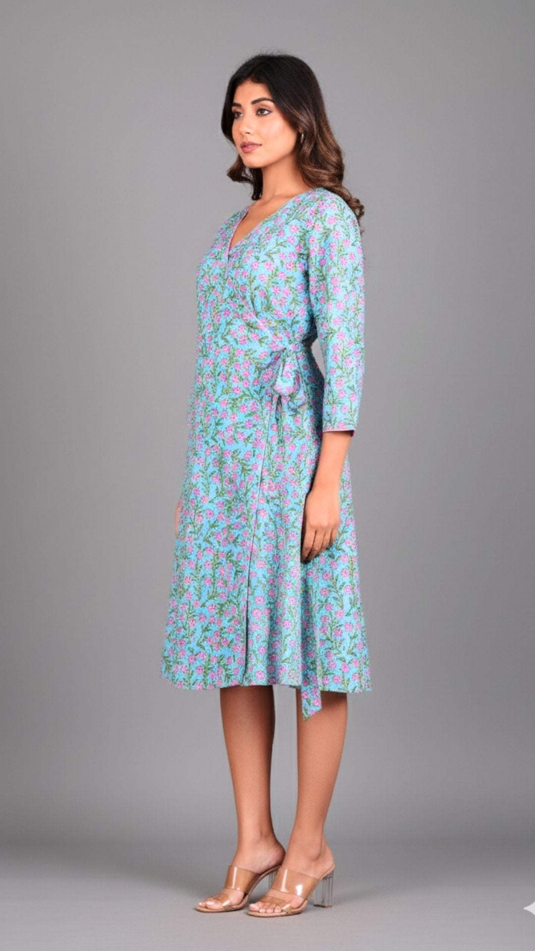Blue Ditzy Floral Pattern Midi Dress
