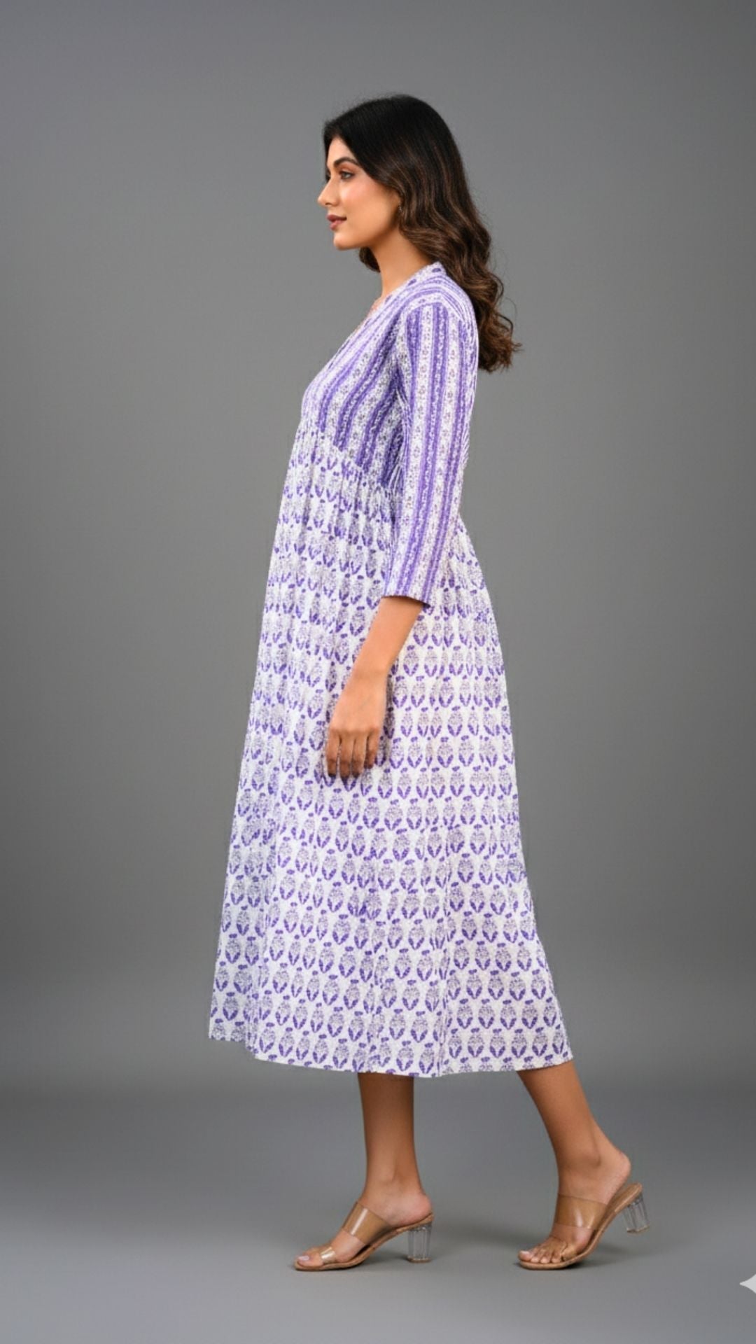 White Purple Damask Block Print Midi Dress