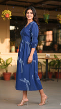 Indigo Bird Block Print Midi Dress