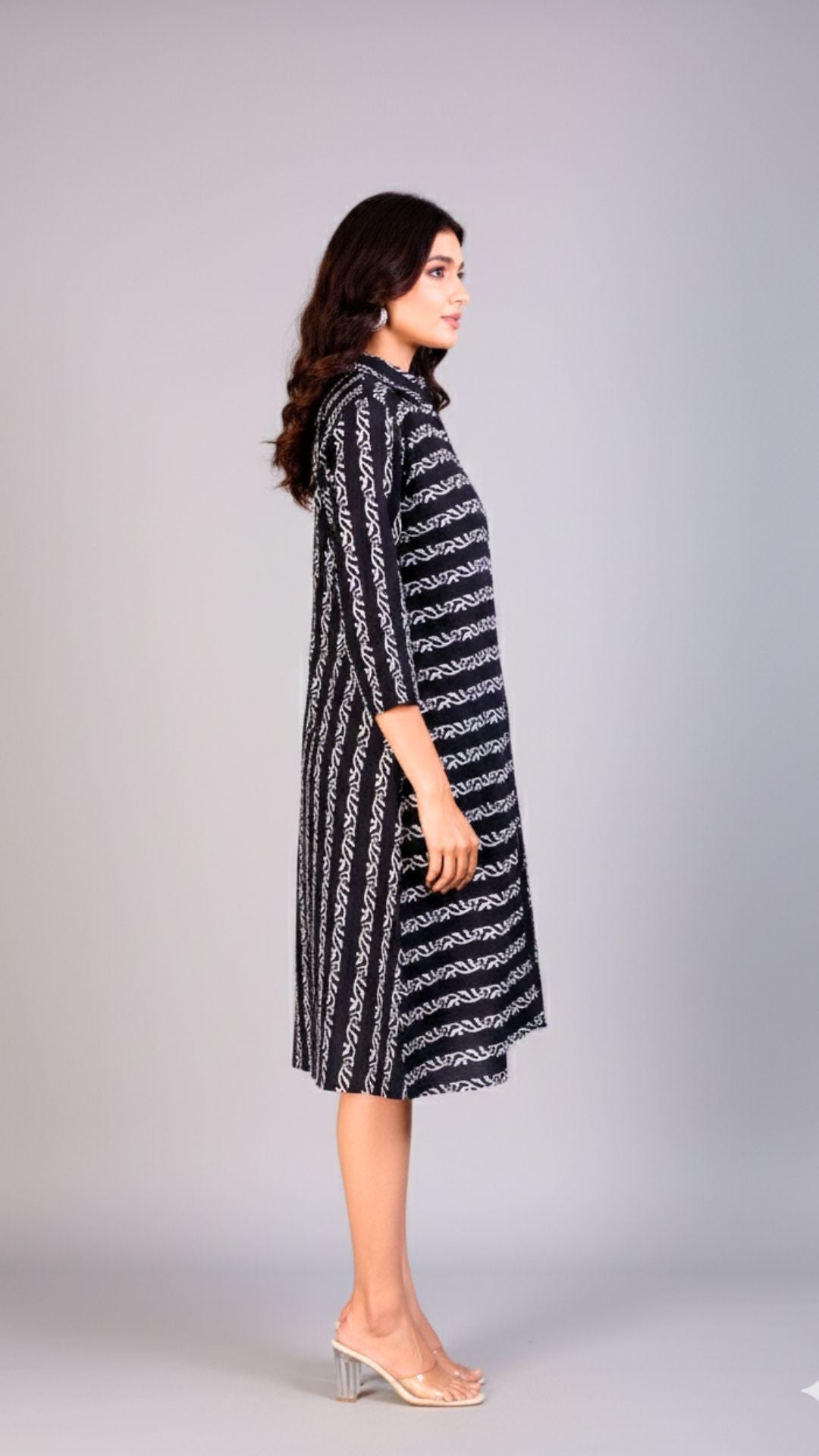 White Vine Block Print Midi Dress