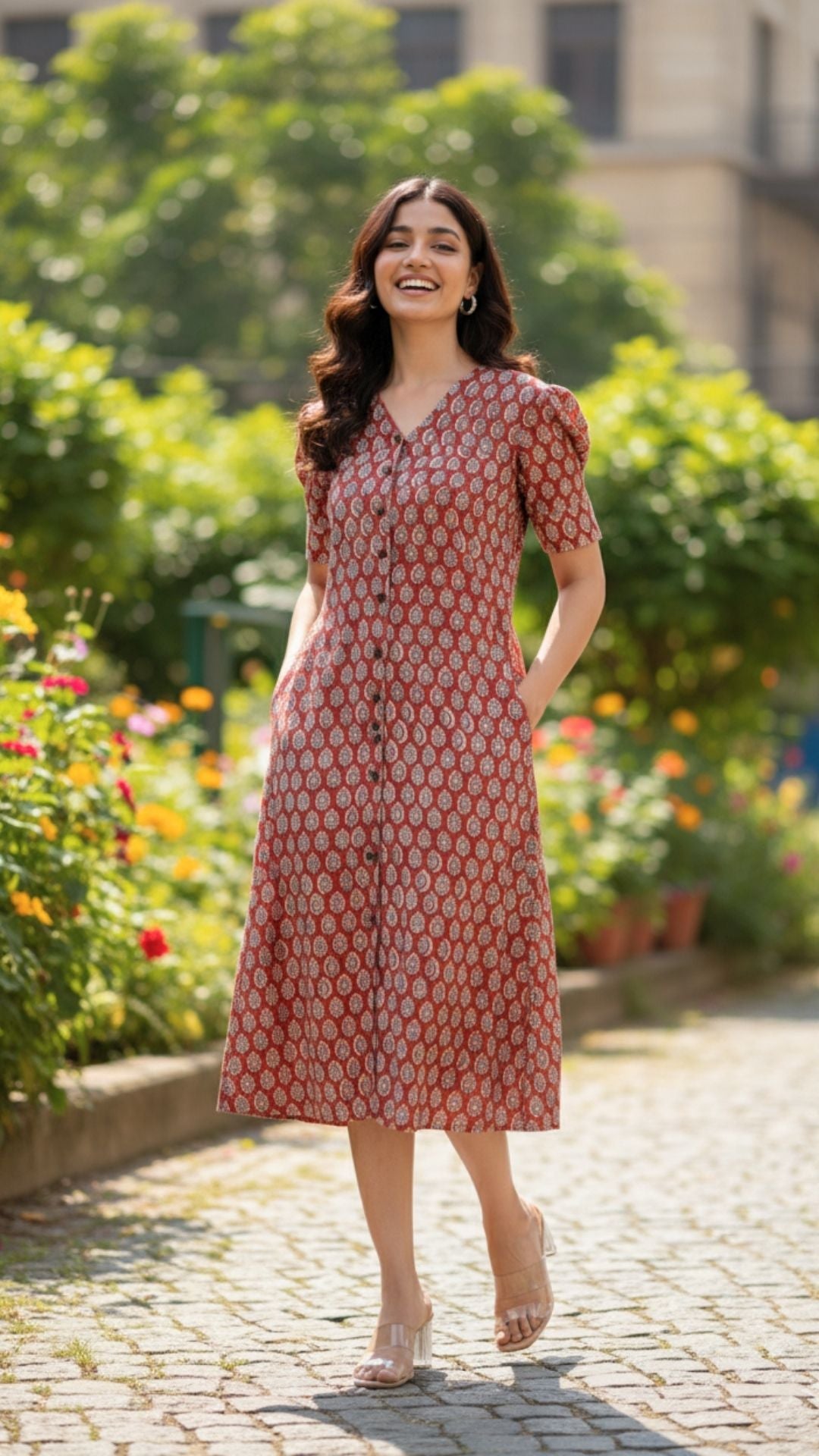 Red Bagh Print Midi Dress
