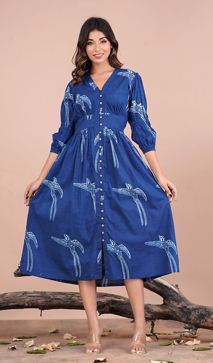 Indigo Bird Block Print Midi Dress