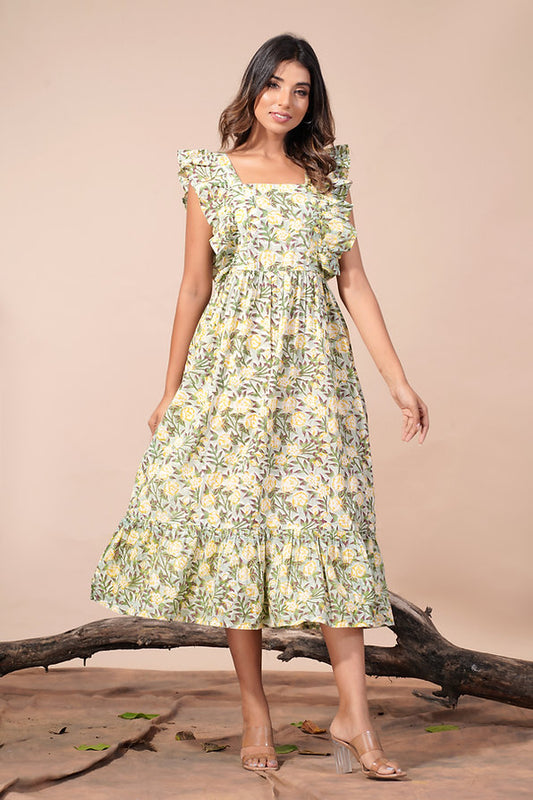 girl in yellow floral dress full view