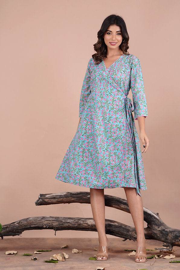 Blue Ditzy Floral Pattern Midi Dress - Mayin Clothing